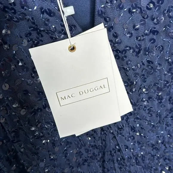 NWT MAC DUGGAL 10802 Navy Fully Sequined Ruffle Tiered 3/4 Sleeve Midi Dress - Picture 11 of 14